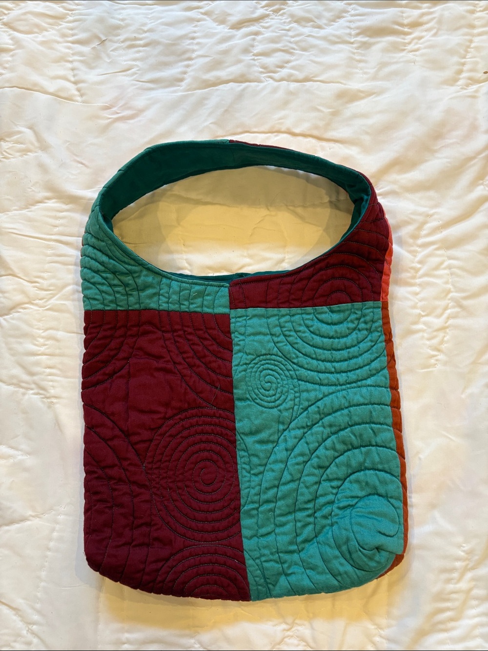 Upcycled Quilted Patchwork Shoulder Bag in Teal & Burgundy - Picture 2 of 5